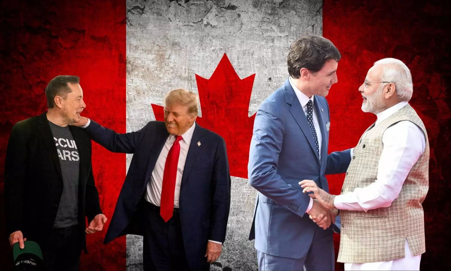 Elon Musk, Donald Trump, Justine Trudeau, Narendra Modi, Canadian flag